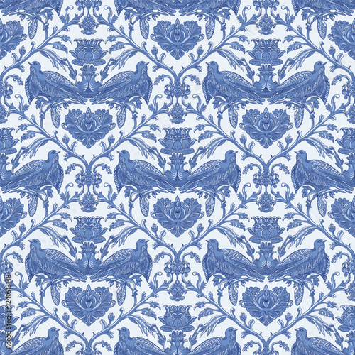 Birds and Floral Seamless Pattern: Elegant Vector Illustration for Fabrics, Wallpapers, and Packaging Design