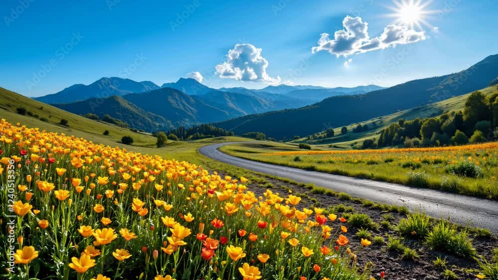 Scenic Mountain Landscape with Colorful Flowers in Sunny Meadow Scenic Mountain Landscape with Colorful Flowers in Sunny Meadow
