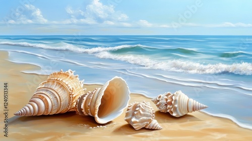 Beautiful Seashells on Sandy Beach with Calm Ocean Waves photo