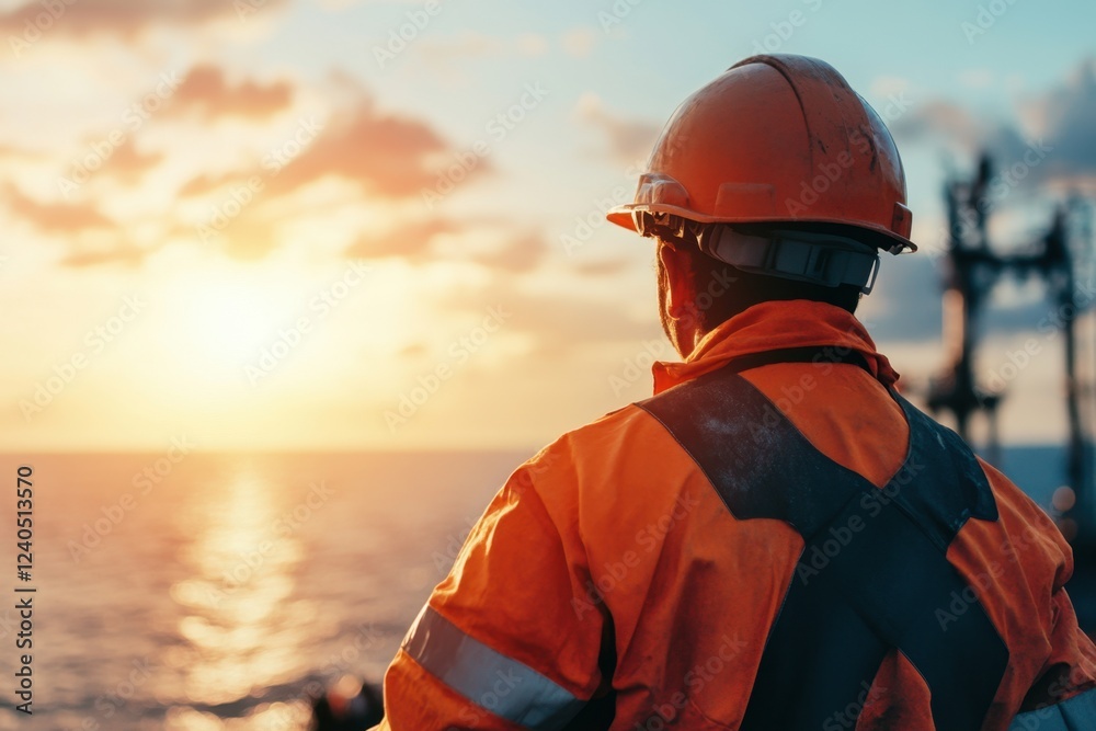 Worker watching ocean sunset: oil rig worker silhouette with hard hat safety gear at sea vibrant evening sky