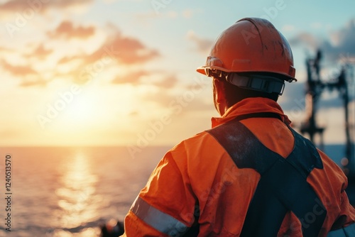 Obraz na płótnie Worker watching ocean sunset: oil rig worker silhouette with hard hat safety gear at sea vibrant evening sky w salonie