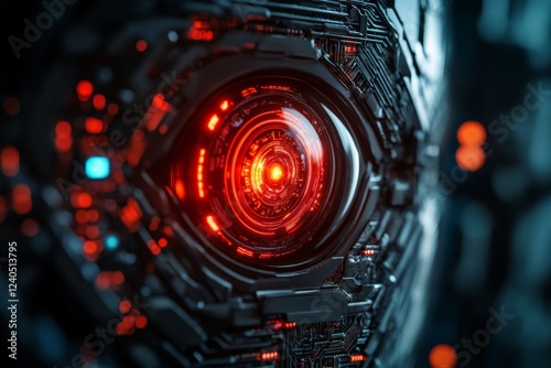 Futuristic robotic eye with intricate circuitry glowing in red and blue lights at close range in a dark environment photo