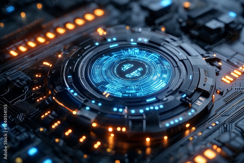 Digital circuit board with glowing blue and orange components showcasing advanced technology and intricate design Digital circuit board with glowing blue and orange components showcasing advanced technology and intricate design
