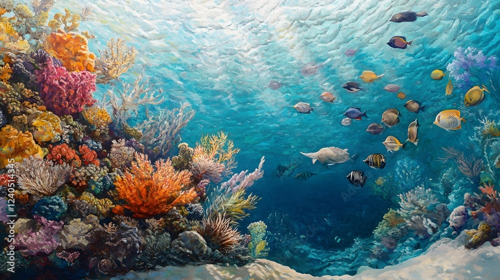 Fototapeta premium Vibrant underwater scene, colorful coral reef teeming with diverse marine life, serene aquatic environment for relaxation.