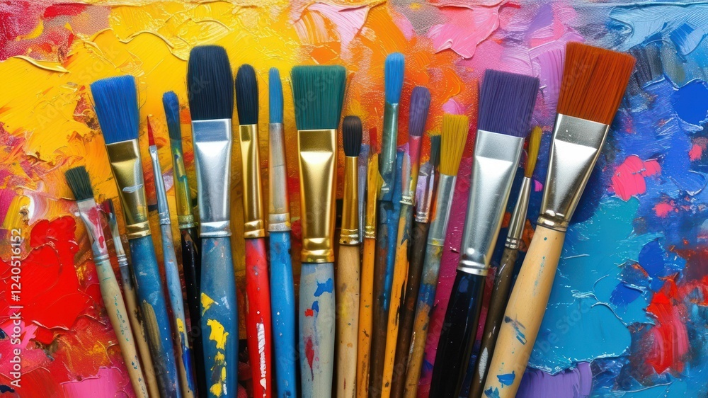A collection of vibrant paintbrushes against a colorful palette A collection of vibrant paintbrushes against a colorful palette
