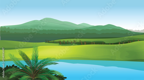 Alpine meadows and beautiful mountains, forests and lakes, vector illustration. Panoramic landscape of green fields, amazing mountains on a clear day with gentle clouds in the blue sky.