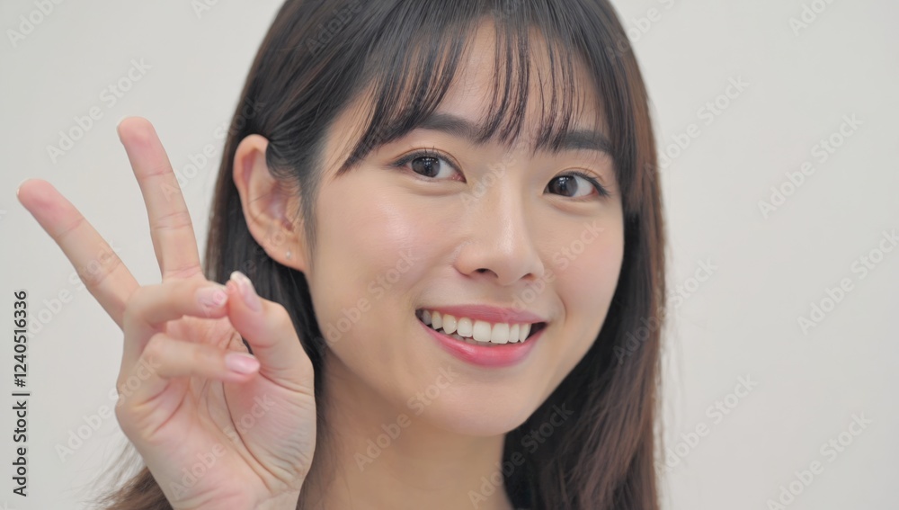 Happy woman, peace sign, studio, white background, portrait, positive