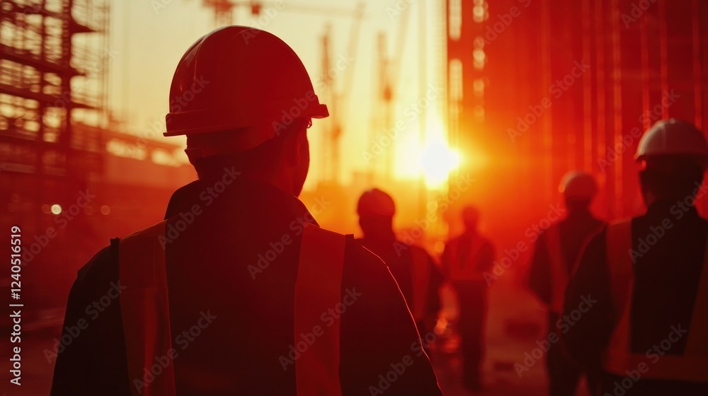 Fototapeta premium Silhouetted construction workers at sunset.