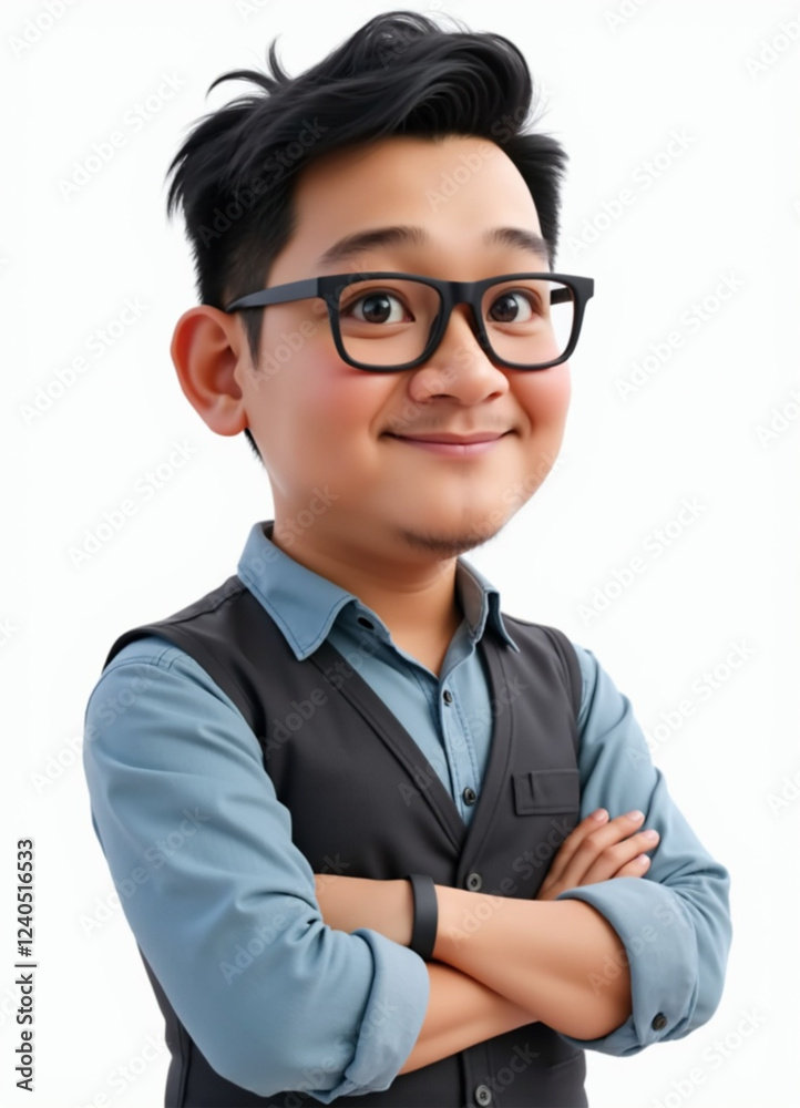 3D rendered illustration of a young confident boy wearing glasses, crossing his arms and smiling. 3D rendered illustration of a young confident boy wearing glasses, crossing his arms and smiling.