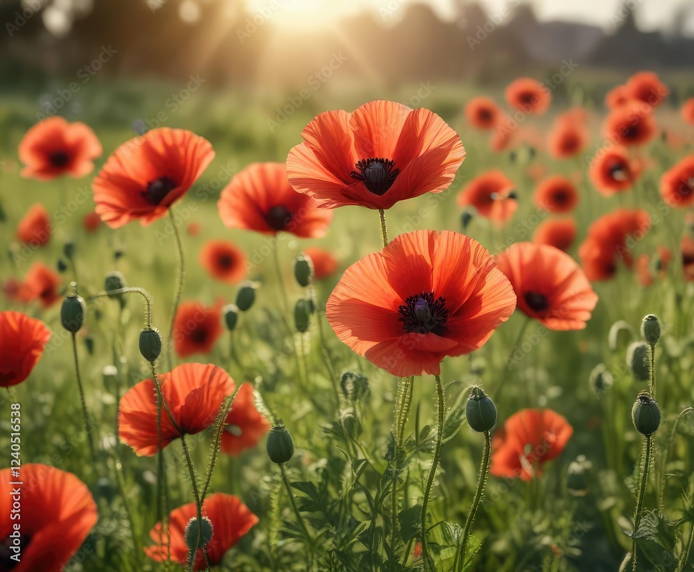 Soft focus background with delicate red poppies in a field against a warm sunlight, , nature Soft focus background with delicate red poppies in a field against a warm sunlight, , nature