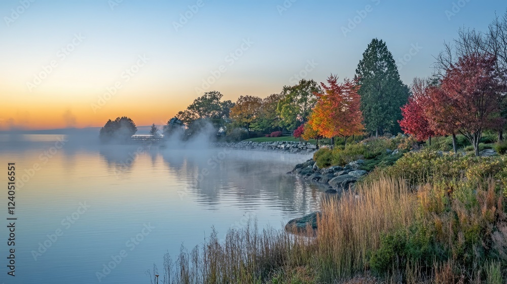 Fototapeta premium Misty Autumn Sunrise over Serene Lake