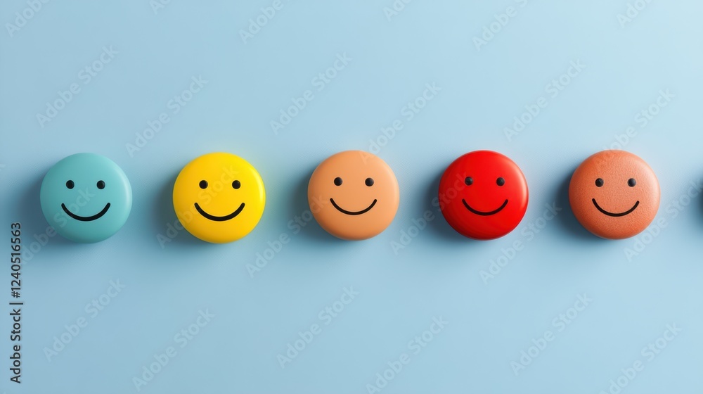 Colorful smiley face buttons on blue background displaying positive emotions Colorful smiley face buttons on blue background displaying positive emotions