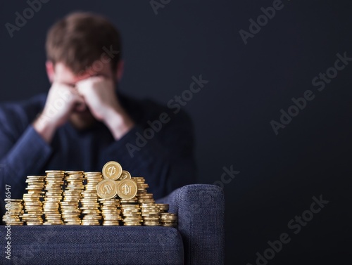 Frustrated investor analyzes market trends home office realistic photography dim lighting close-up competitive insights