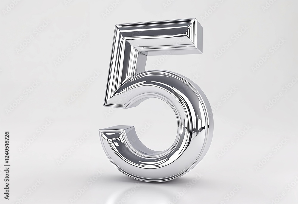 Shiny Metallic Number Five Standing Tall on a Reflective Surface. Generative AI Shiny Metallic Number Five Standing Tall on a Reflective Surface. Generative AI