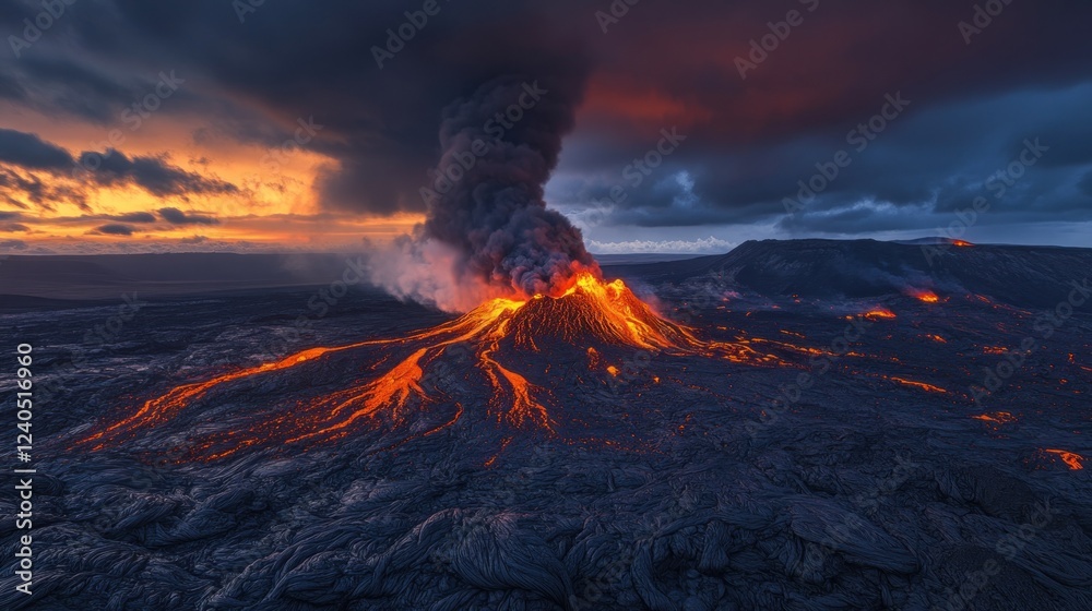 Fototapeta premium Erupting volcano at sunset with lava flows and dark clouds.