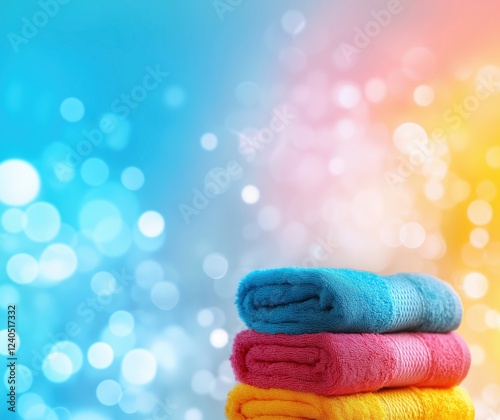 Colorful towels stacked on blurred bokeh background, vibrant hues of blue, pink, and orange, perfect for spa or bathroom decor, copy space for text photo