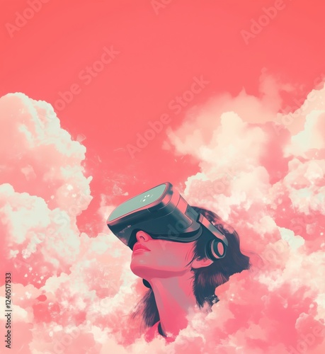 Virtual Reality Experience with Woman in Clouds, Immersive Technology, Dreamlike Atmosphere, Futuristic Aesthetics, copy space for text photo