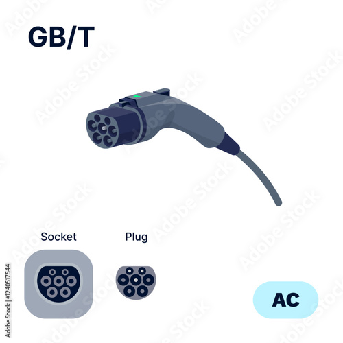 GB/T 20234 China AC standard charging connector plug and socket. Electric battery vehicle inlet charger detail. EV cable for AC power charge electricity. Isolated vector illustration on white.