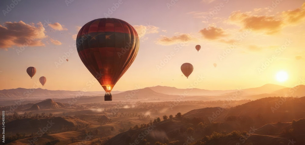 Softly glowing hot air balloon floating above the landscape, hot air, serene landscape, clouds Softly glowing hot air balloon floating above the landscape, hot air, serene landscape, clouds