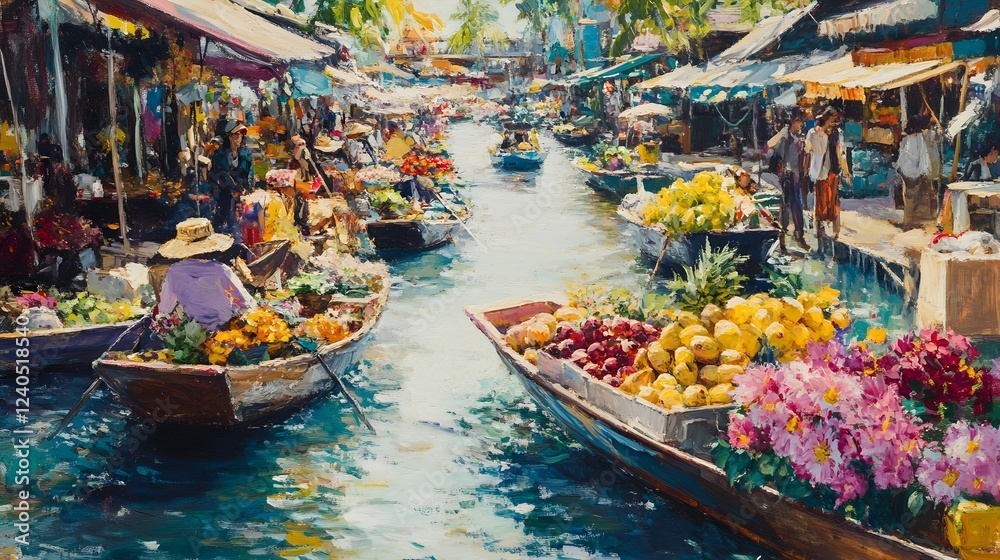 Fototapeta premium Vibrant market scene, colorful fruits and flowers on boats, bustling waterways lively atmosphere with people shopping, copy-space available.