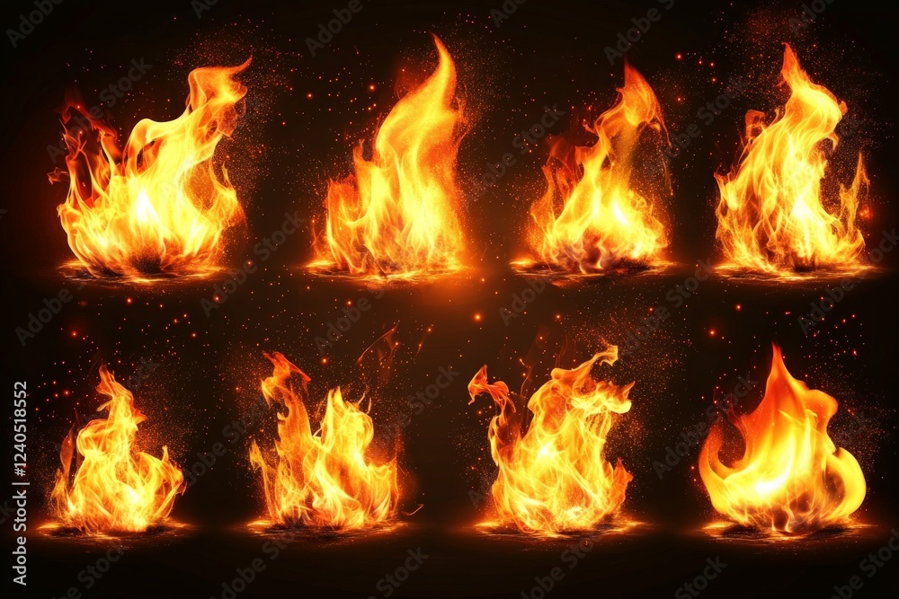 Bright flames dancing in various forms create a captivating visual display against a dark background Bright flames dancing in various forms create a captivating visual display against a dark background