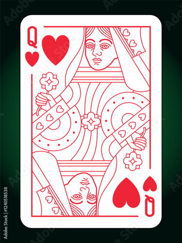 Queen Hearts suit playing card, vintage pattern, classic design, drawn woman character, isolated on white, editable vector stroke line.	