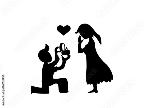 Silhouette of a man proposing to a woman with a ring, symbolizing love, romance, and engagement. Perfect for wedding, Valentine’s Day, and relationship-themed designs. Vector illustration