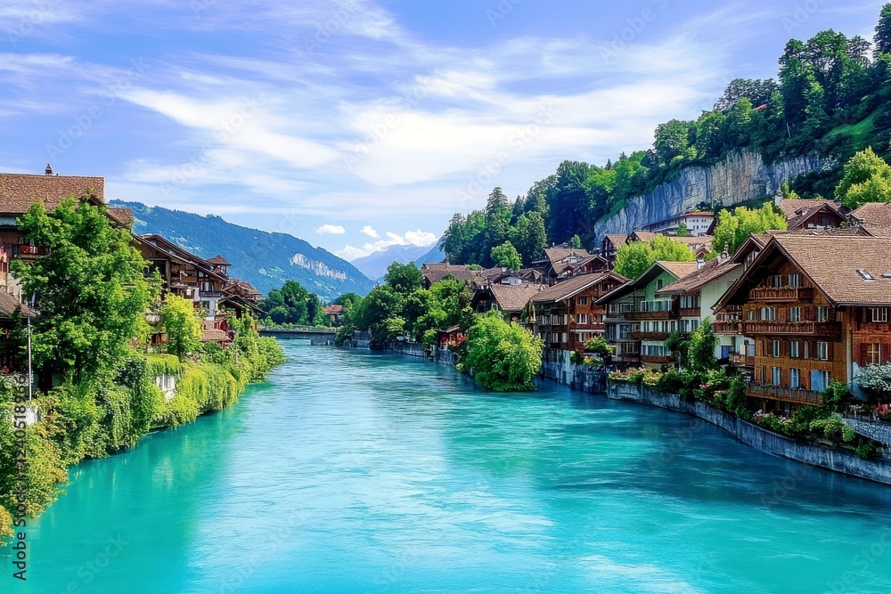Fototapeta premium Scenic view of turquoise river flowing past charming old wooden houses surrounded by vibrant green trees and majestic mountains under a clear blue sky