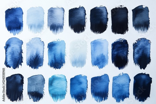 Diverse shades of blue watercolor swatches arranged in a grid pattern on a white background showing color variations and textures