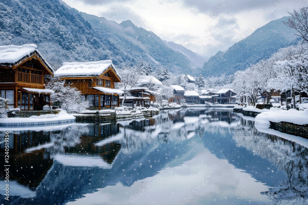Fototapeta premium Serene Winter Landscape Featuring Snow-Covered Houses and Reflection in Calm Water Amidst Majestic Mountains in a Peaceful Setting