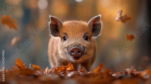 Cute small pig in the autumn forest. photo