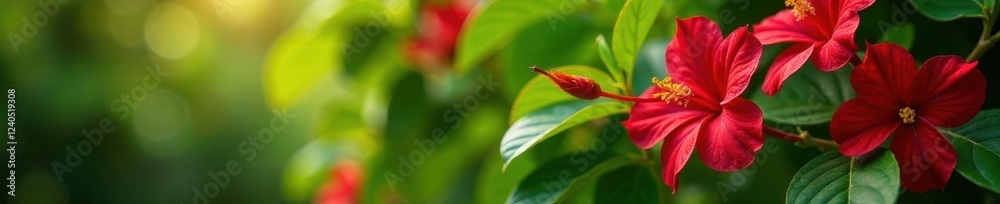 Fototapeta premium Red mandevilla blooms in a shaded area with lush greenery, botany, mandevilla flowers,