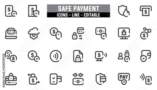 Set of 25 line icons safe payment. Editable stroke. Vector illustration
