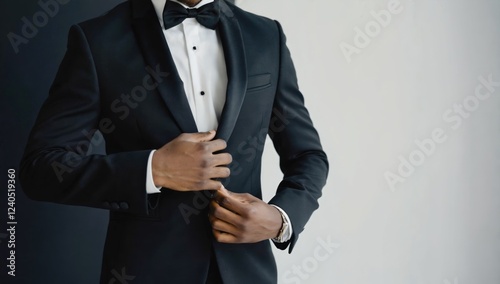 Man adjusting tuxedo, formal event, elegant background photo