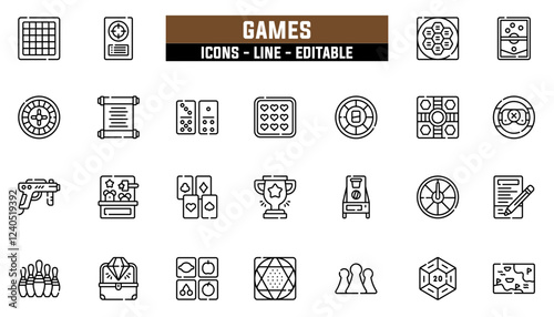 Set of 25 line icons games. Editable stroke. Vector illustration