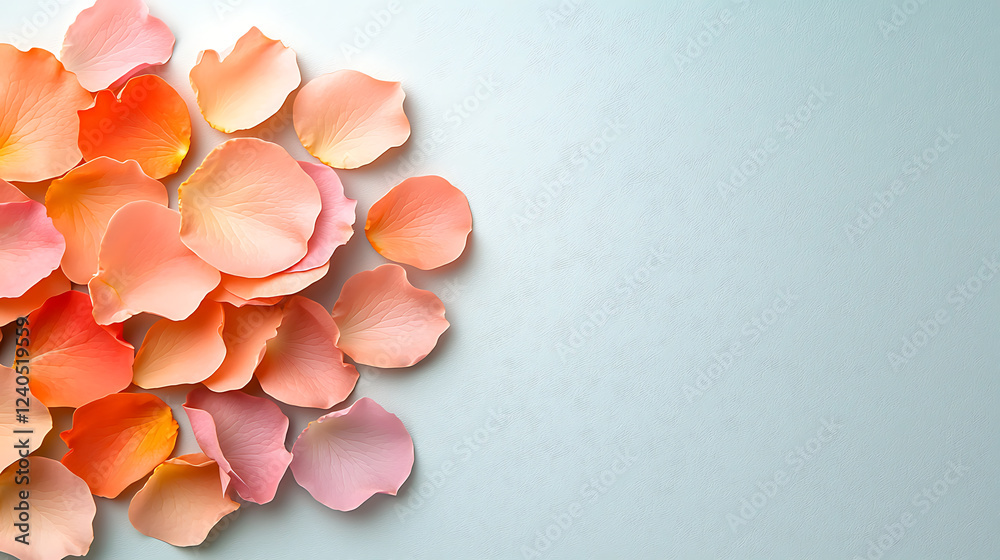 Fototapeta premium Vibrant mixed pastel rose petals flat lay arrangement floral photography soft background aesthetic appeal nature's beauty