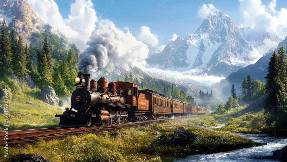 Obraz premium Majestic Vintage Steam Train Traversing Through Lush Green Forest Against a Backdrop of Snow-Capped Mountains and Clear Blue Sky
