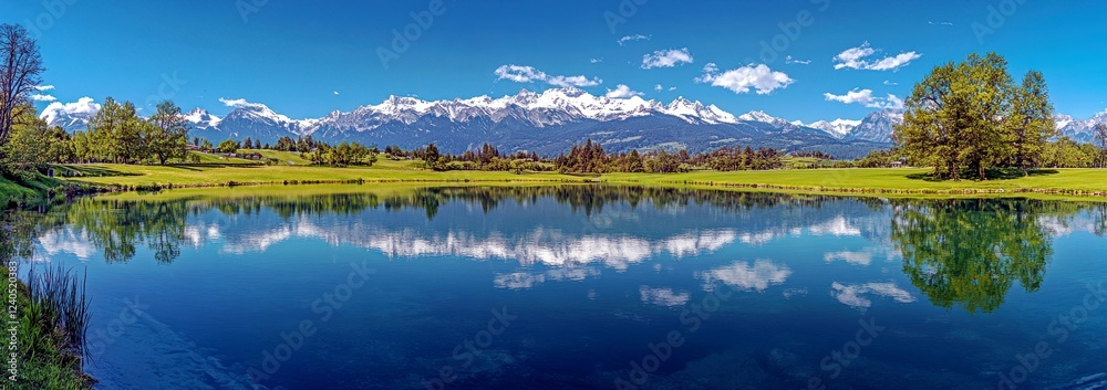 Fototapeta premium Serene Landscape of Tranquil Lake with Majestic Snow-Capped Mountains and Clear Blue Sky Reflecting in Calm Waters in a Picturesque Natural Setting