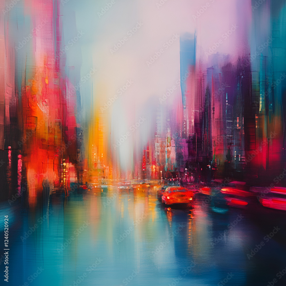 Obraz premium City Lights Abstract: An impressionistic artwork capturing the vibrant energy of a bustling cityscape illuminated by a symphony of colorful lights. The artwork is dominated by a blend of vivid reds.
