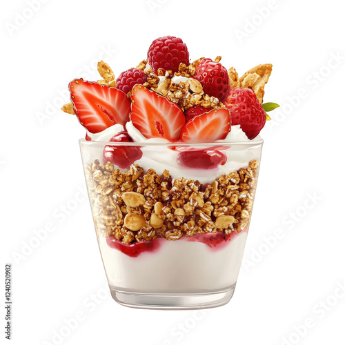 A vibrant strawberry yogurt parfait with fresh berry toppings and a sprinkle of granola, transparent background, PNG