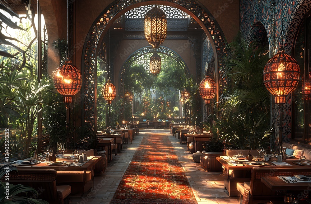 Obraz premium Elegant dining area with arched doorways, lush greenery lantern lighting and richly adorned tables on a vibrant carpet