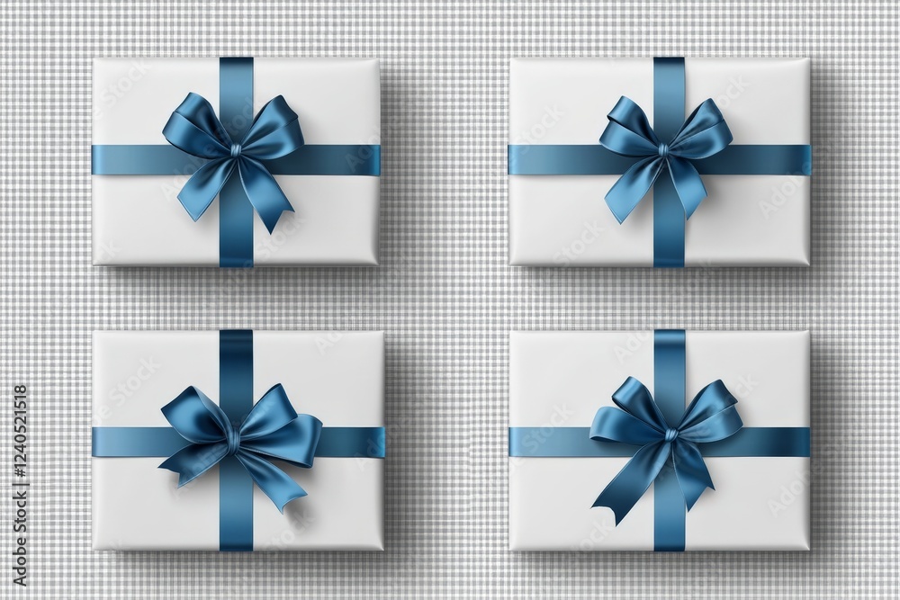 Gift boxes wrapped in white paper with blue ribbons arranged on a textured surface