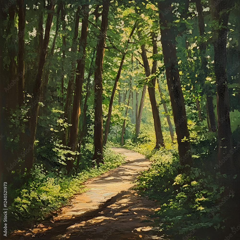 Sun-Dappled Forest Path: A winding path leads through a sun-dappled forest, trees casting shadows on the ground, creating a peaceful, inviting, and evocative scene. Sun-Dappled Forest Path: A winding path leads through a sun-dappled forest, trees casting shadows on the ground, creating a peaceful, inviting, and evocative scene.