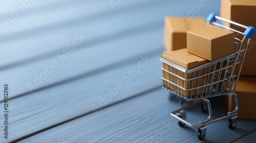 Ecommerce conversion strategy shopping cart with boxes online store realistic photograph indoor environment close-up view