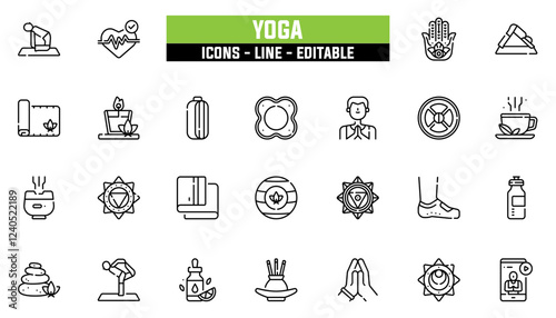 Set of 25 line icons yoga. Editable stroke. Vector illustration