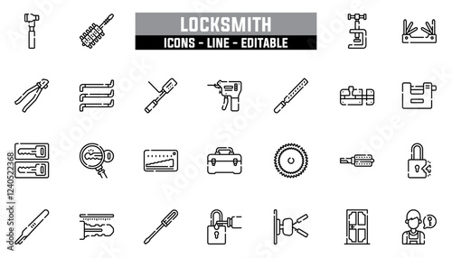 Set of 25 line icons locksmith. Editable stroke. Vector illustration