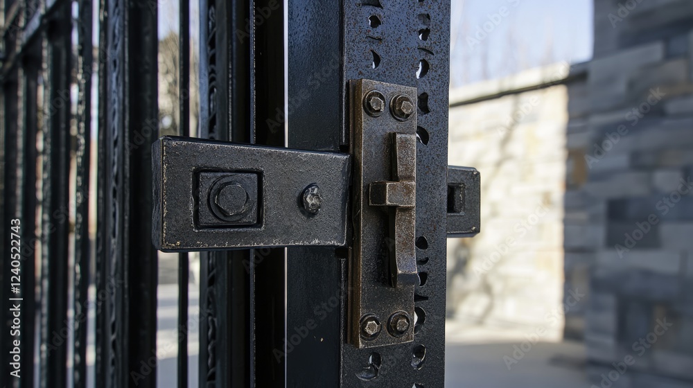 Close-up of a sturdy wrought iron latch being tested on a newly installed gate. Close-up of a sturdy wrought iron latch being tested on a newly installed gate.