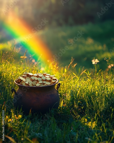 Pot of Gold Coins on a Green Field Under a Rainbow: A pot filled with gold coins stands on a green field, with a vibrant rainbow visible in the background.