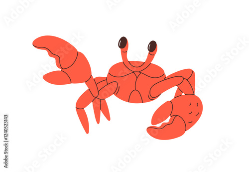 Crab with pincers waving. Cute marine crustacean catching with claw. Sea anim...
