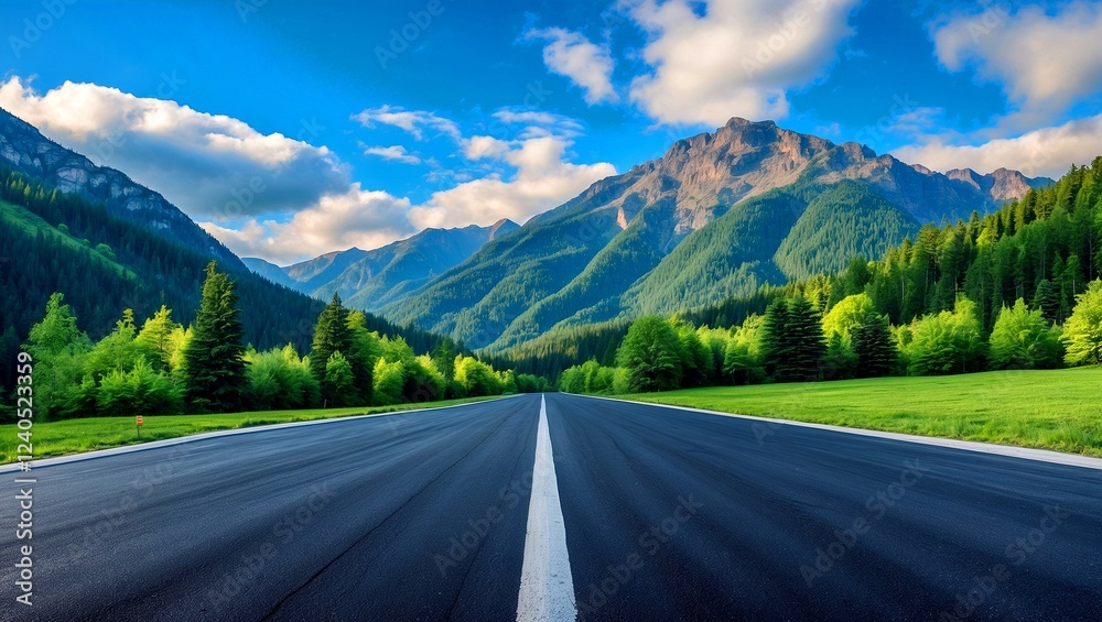 Naklejka premium Scenic asphalt road through lush forest and mountains